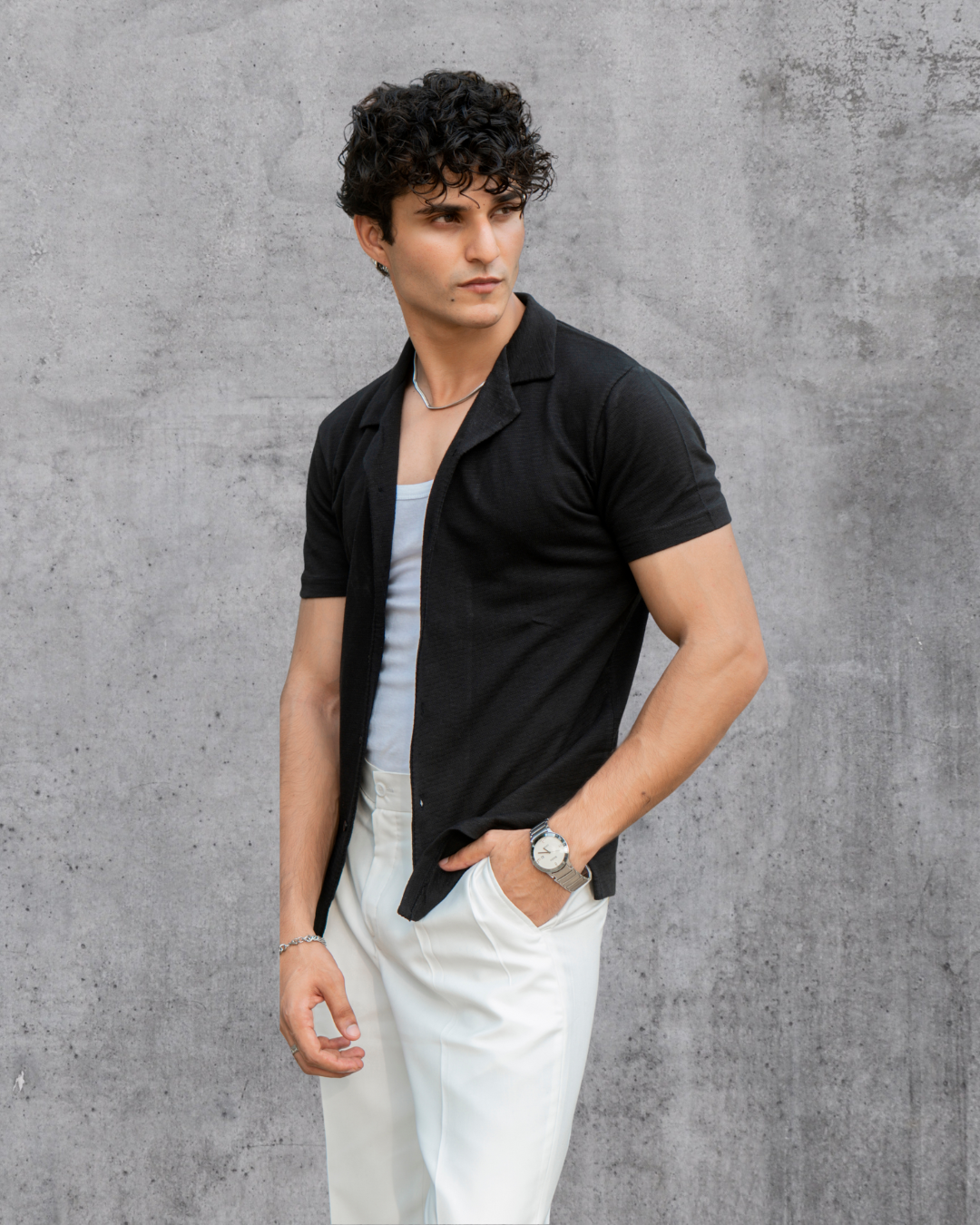 Textured Black Cuban Collar Shirt