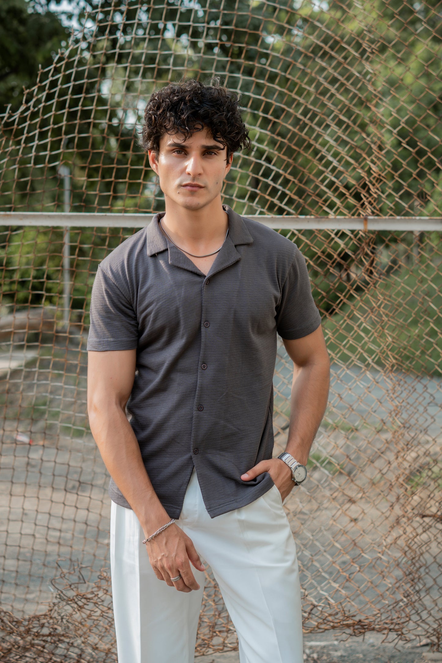 Grey Cuban Collar Shirt