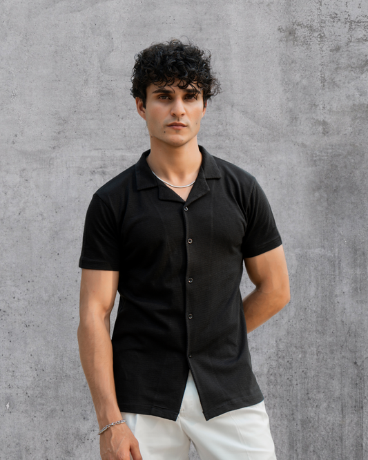 Textured Black Cuban Collar Shirt