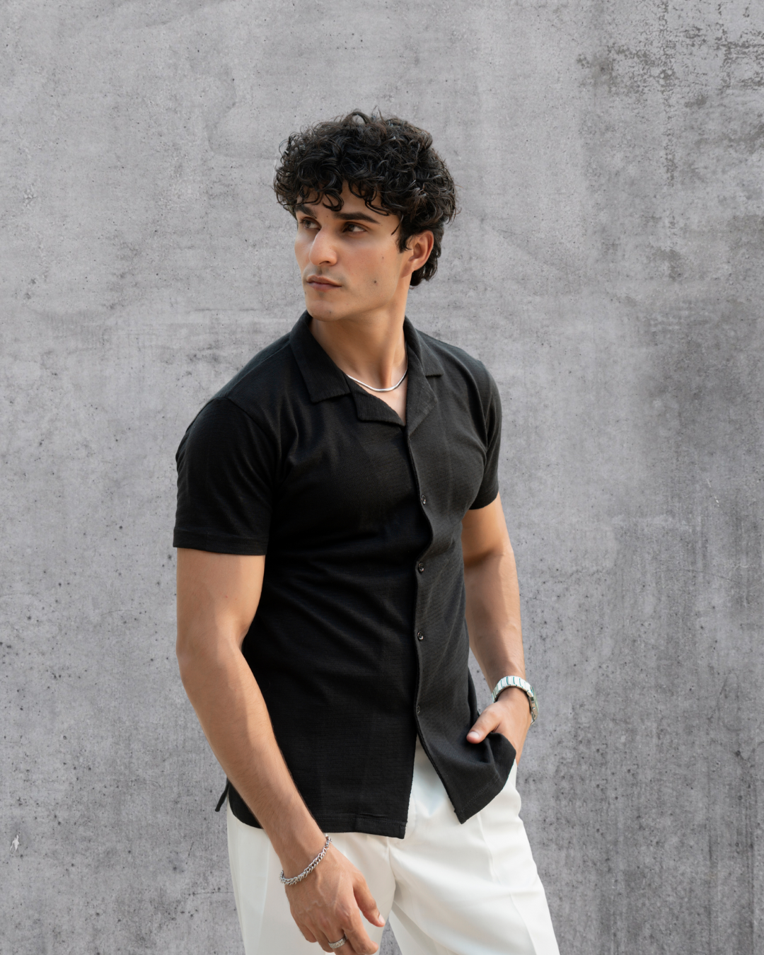 Textured Black Cuban Collar Shirt