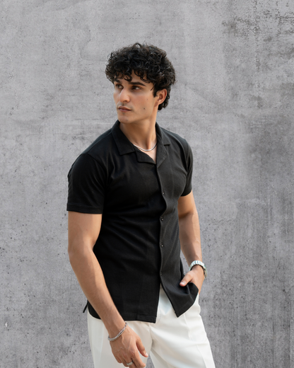 Textured Black Cuban Collar Shirt