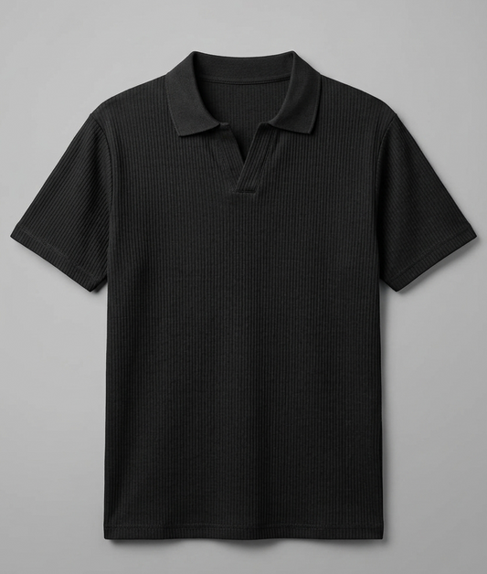 Textured Black Drop Needle Polo Shirt